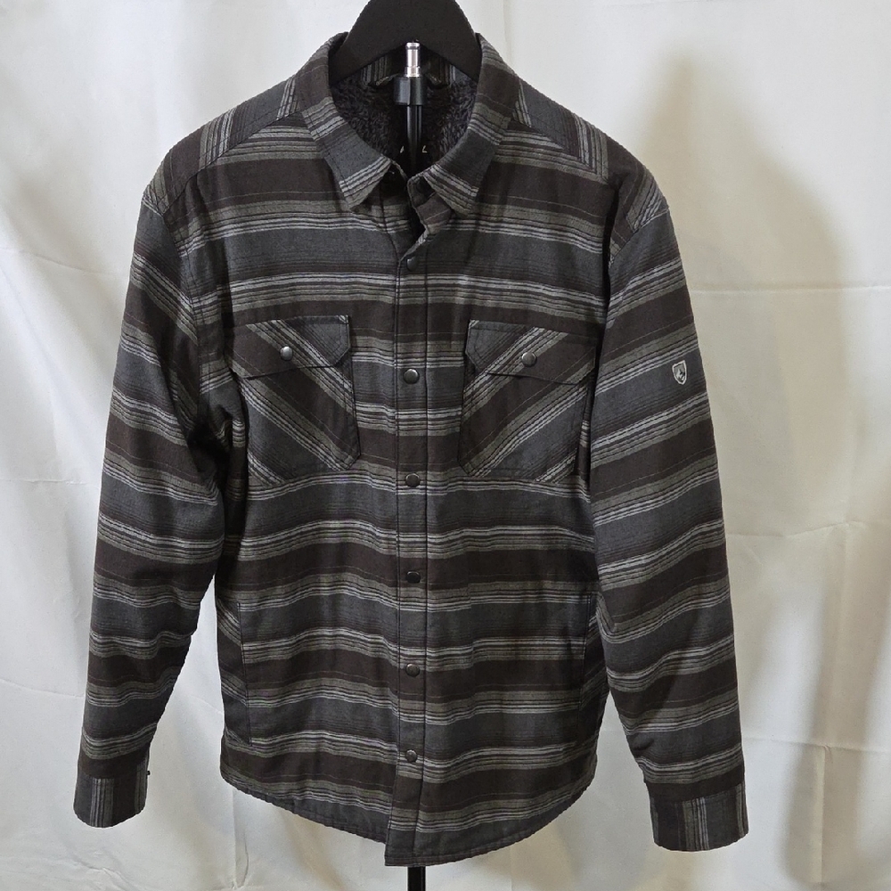 Kuhl Men's Black and Gray Striped Joyrydr Shirt Jacket Medium